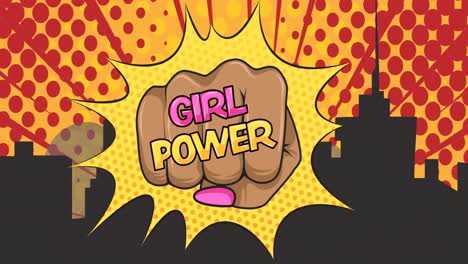 Animation-of-text-girls-power-on-female-fist,-over-cityscape