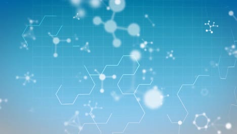 Digital-animation-of-molecular-structures-floating-against-hexagonal-shapes-on-blue-background