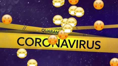 Animation-of-coronavirus-quarantine-text-on-yellow-hazard-tape-with-sick-emojis,-on-night-sky