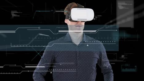Digital-interface-with-data-processing-over-caucasian-man-wearing-vr-headset-on-black-background