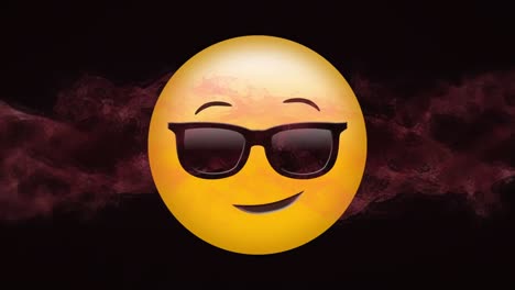 Digital-animation-of-red-digital-wave-over-face-wearing-sunglasses-emoji-against-black-background