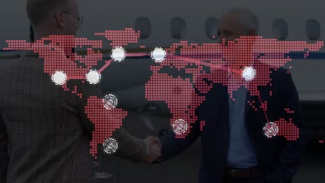 Animation-of-network-of-connections-over-world-map,-airplane-and-businessmen