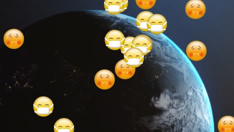 Multiple-sick-face-emojis-falling-against-spinning-globe-on-blue-background