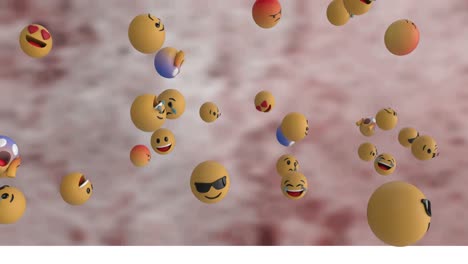 Digitale-Animation-Mehrerer-Gesichts-Emojis,-Die-Vor-Braunem,-Strukturiertem-Hintergrund-Schweben