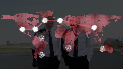 Animation-of-network-of-connections-over-world-map,-airplane-and-pilots