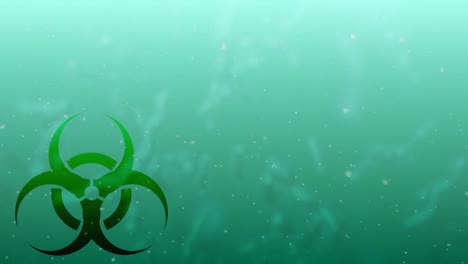 Digitale-Animation-Des-Biogefährdungssymbols-Vor-Weißen-Partikeln,-Die-Auf-Grünen-Hintergrund-Fallen