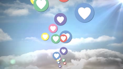 Animation-Steigender-Bunter-Herz-Liebessymbole-über-Sonnigem-Blauen-Himmel-Und-Weißem-Hintergrund