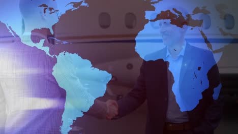 Animation-of-world-map,-airplane-and-businessmen