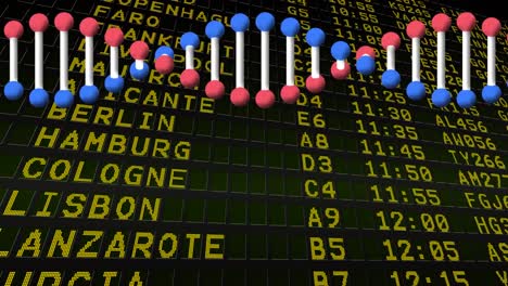 Digital-animation-of-dna-structure-spinning-against-airport-information-board