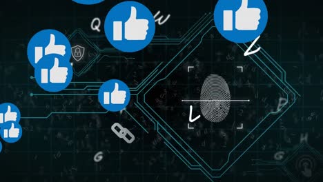 Animation-of-thumbs-up-icons-over-biometric-print-and-letters