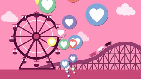 Digital-animation-of-multiple-colorful-heart-icons-floating-against-amusement-park
