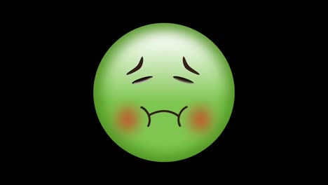 Digitale-Animation-Roter-Partikel,-Die-über-Grünem-Emoji-Mit-Krankem-Gesicht-Auf-Schwarzem-Hintergrund-Schweben