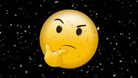 Digital-animation-of-golden-confetti-falling-over-thinking-face-emoji-on-black-background