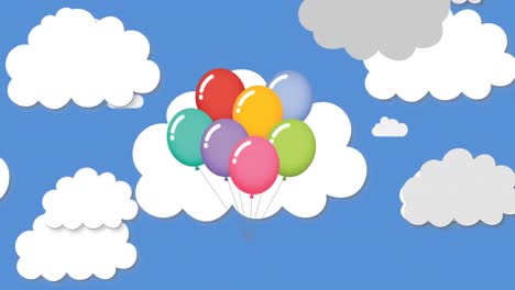 Digitale-Animation-Eines-Haufens-Bunter-Runder-Luftballons,-Die-über-Wolkensymbolen-Auf-Blauem-Hintergrund-Schweben