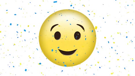 Animation-of-confetti-falling-over-smiling-emoji-icon-on-white-background