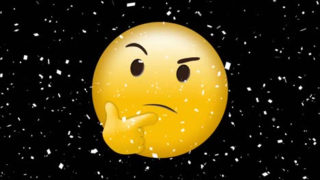 Digital-animation-of-confetti-falling-over-thinking-face-emoji-on-black-background