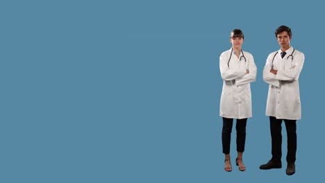 Molecular-structures-floating-over-portrait-of-caucasian-male-and-female-doctors-smiling