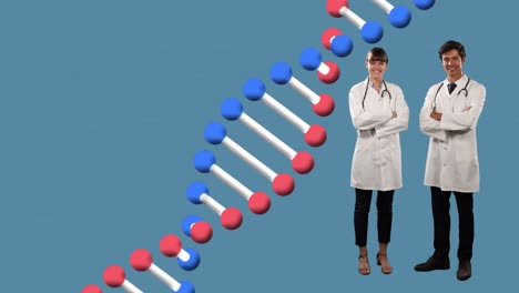 DNA-Struktur-Dreht-Sich-über-Porträt-Kaukasischer-Männlicher-Und-Weiblicher-Ärzte,-Die-Lächeln