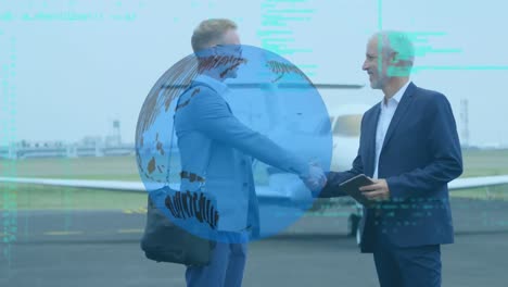 Spinning-globe-and-data-processing-over-two-caucasian-businessmen-shaking-hands-at-airport-runway