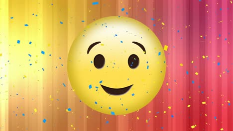 Animation-of-confetti-falling-over-smiling-emoji-icon-on-glowing-yellow-to-pink-background