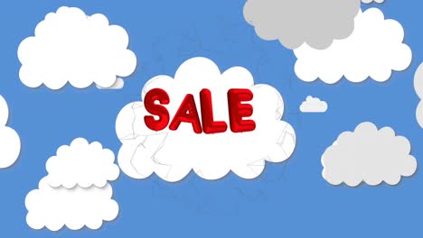 Animation-of-red-sale-balloon-text-with-clouds-on-blue-background