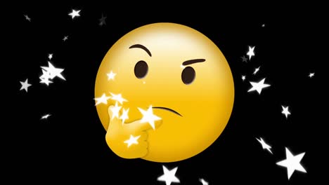 Animation-Von-Weißen-Sternen-über-Emoji-Symbol-Auf-Schwarzem-Hintergrund