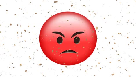 Digital-animation-of-golden-confetti-falling-over-red-angry-face-emoji-on-white-background