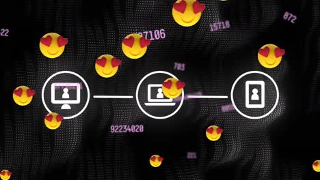 Mehrere-Herzaugen-Stehen-Emojis-Gegenüber,-Die-Vor-Einem-Netzwerk-Digitaler-Symbole-Schweben-Und-Zahlen-ändern