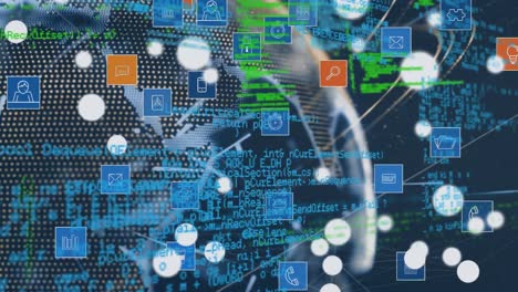 Digitale-Animation-Mehrerer-Digitaler-Symbole-über-Dem-Globus-Und-Datenverarbeitung-Auf-Blauem-Hintergrund