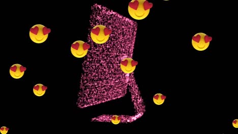 Animation-Von-Emoji-Symbolen-Mit-Roten-Herzen-über-Einem-Leuchtenden-Computer