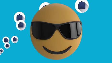 Animation-of-emoji-icon-with-sunglasses-with-email-icons-on-blue-background