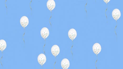 Digitale-Animation-Mehrerer-Runder-Luftballons,-Die-Gegen-Wolkensymbole-Auf-Blauem-Hintergrund-Schweben