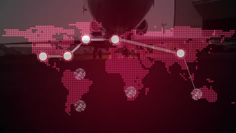 Animation-of-network-of-connections-over-world-map,-airplane