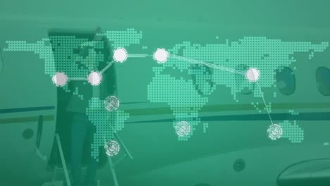 Animation-Des-Netzwerks-Von-Verbindungen-über-Weltkarte,-Flugzeug-Und-Geschäftsmann
