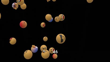 Digital-animation-of-increasing-numbers-over-multiple-face-emojis-floating-against-black-background