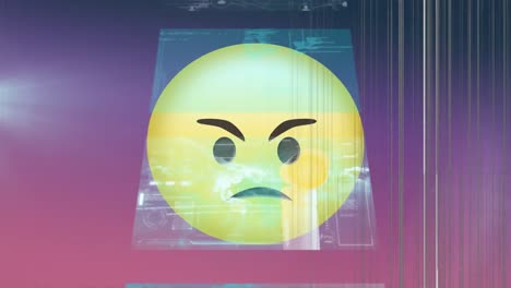 Digitale-Animation-Von-Bildschirmen-Mit-Datenverarbeitung-Vor-Wütendem-Gesichts-Emoji-Auf-Violettem-Hintergrund