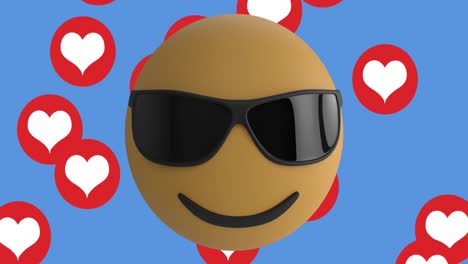 Face-wearing-sunglasses-emoji-over-multiple-red-heart-icons-floating-against-blue-background