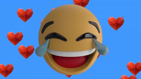 Lachendes-Gesichts-Emoji-über-Mehreren-Roten-Herzsymbolen,-Die-Vor-Blauem-Hintergrund-Schweben