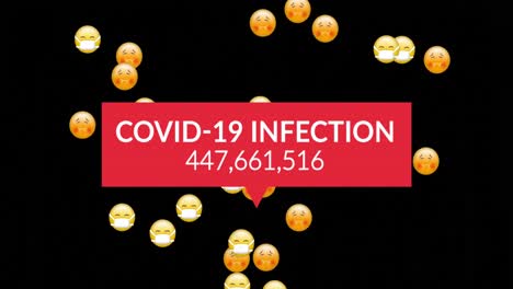 Covid-19-Infektionstext-Mit-Zunehmender-Zahl-über-Gesichts-Emojis,-Die-Vor-Schwarzem-Hintergrund-Fallen