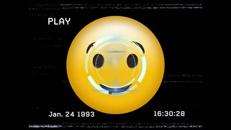 Digitale-Animation-Des-VHS-Effekts-Und-Runden-Scanners-über-Zwinkernden-Gesichts-Emojis-Auf-Schwarzem-Hintergrund