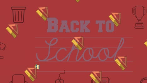 Animation-Von-„Back-To-School“-Texten-über-Schulartikel-Symbolen-Auf-Rotem-Hintergrund