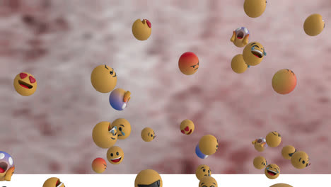 Digital-animation-of-multiple-face-emojis-floating-over-against-texture-on-brown-background