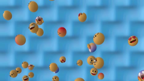 Digital-animation-of-multiple-face-emojis-floating-over-geometric-design-texture-on-blue-background