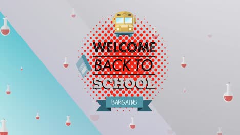 Animation-of-welcome-back-to-school-bargains-text-over-school-items-icons