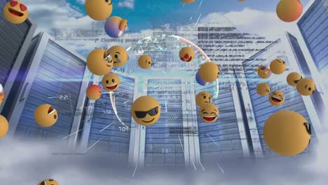 Multiple-face-emojis-floating-over-spinning-globe-and-computer-server-against-clouds-in-sky
