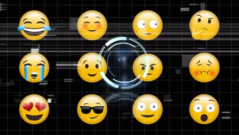 Digital-animation-of-neon-round-scanner-over-multiple-face-emojis-against-black-background