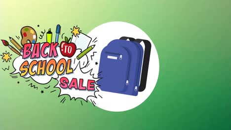 Animation-of-back-to-school-sale-text-over-school-items-icons-on-green-background