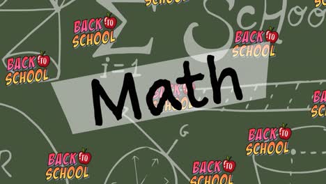 Animation-of-math-and-back-to-school-text-over-mathematical-equations-on-green-background