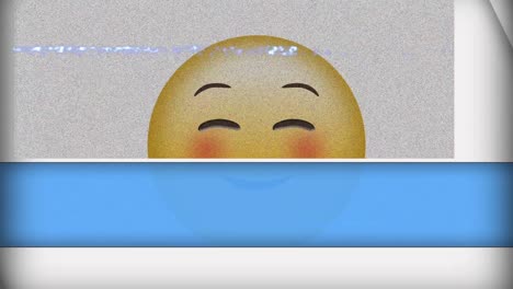 Digital-animation-of-tv-static-effect-over-blushing-face-emoji-on-white-and-blue-background