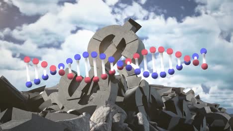 Dna-structure-spinning-over-broken-dollar-currency-symbol-against-clouds-in-blue-sky